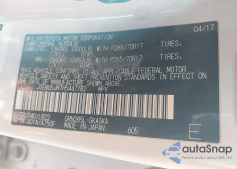 2017 Toyota 4Runner Sr5 Premium z USA, uszkodzony, nr VIN JTEBU5JR7H5447782